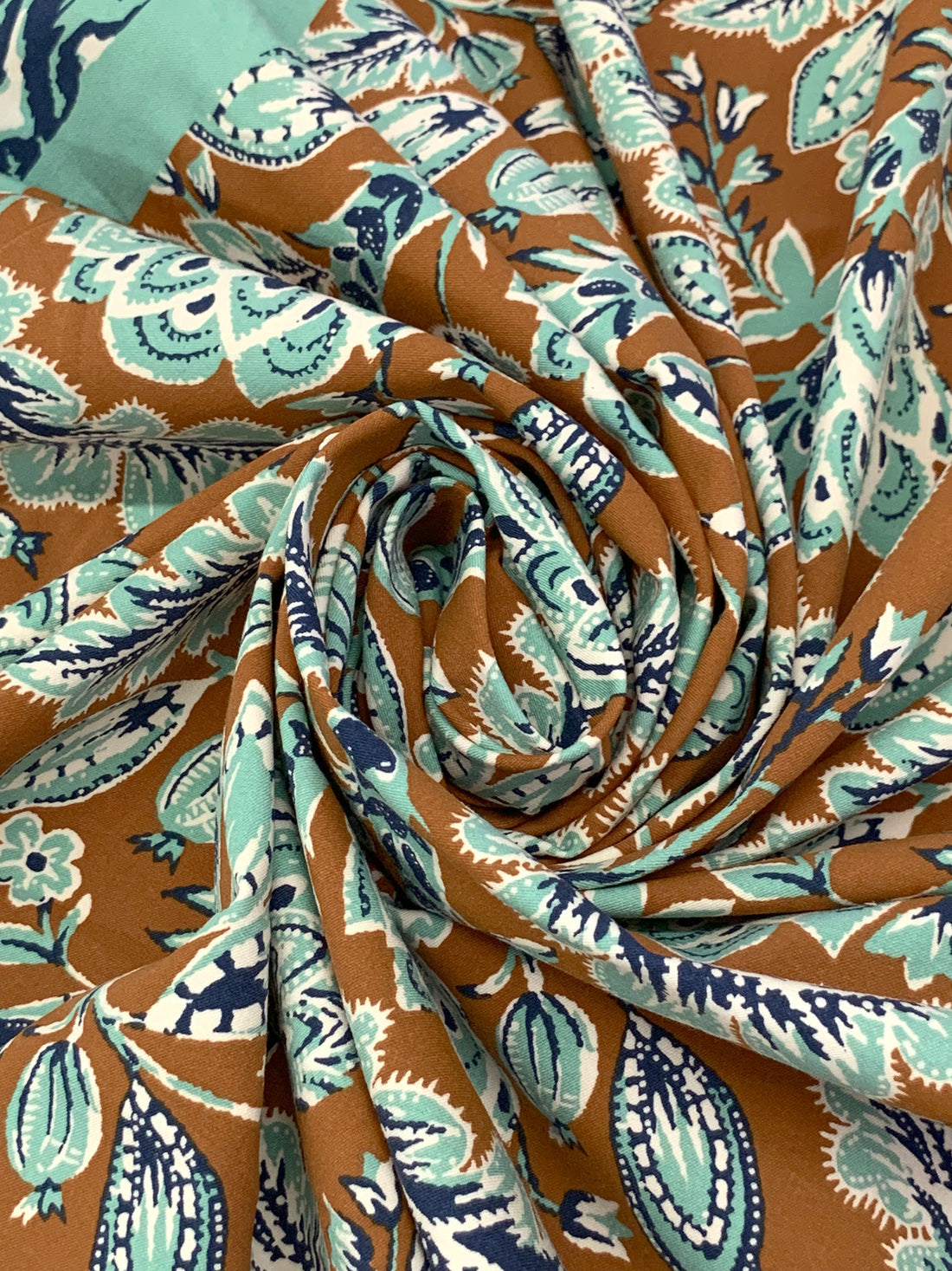 Dark Bronze/Spearmint/Navy Blue/Off-White Rayon/Nylon/Lycra Double Border Stylized Floral Print Stretch Twill Bottom Weight Woven - NY Designer - 54W