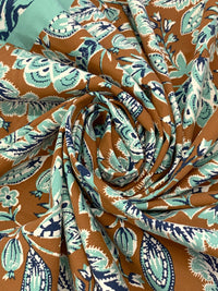 Dark Bronze/Spearmint/Navy Blue/Off-White Rayon/Nylon/Lycra Double Border Stylized Floral Print Stretch Twill Bottom Weight Woven - NY Designer - 54W