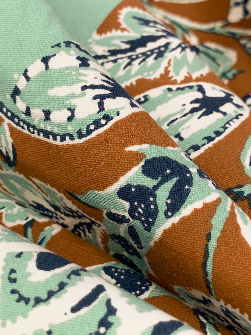 Dark Bronze/Spearmint/Navy Blue/Off-White Rayon/Nylon/Lycra Double Border Stylized Floral Print Stretch Twill Bottom Weight Woven - NY Designer - 54W