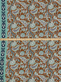 Dark Bronze/Spearmint/Navy Blue/Off-White Rayon/Nylon/Lycra Double Border Stylized Floral Print Stretch Twill Bottom Weight Woven - NY Designer - 54W