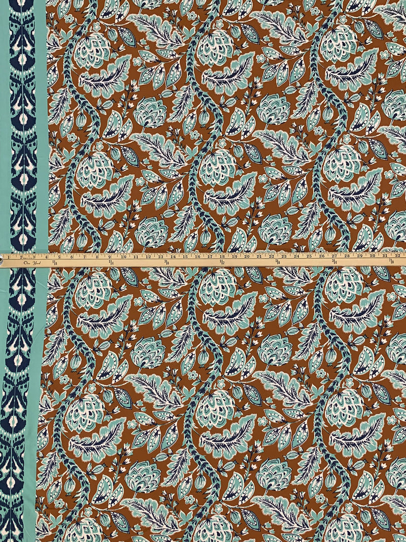 Dark Bronze/Spearmint/Navy Blue/Off-White Rayon/Nylon/Lycra Double Border Stylized Floral Print Stretch Twill Bottom Weight Woven - NY Designer - 54W