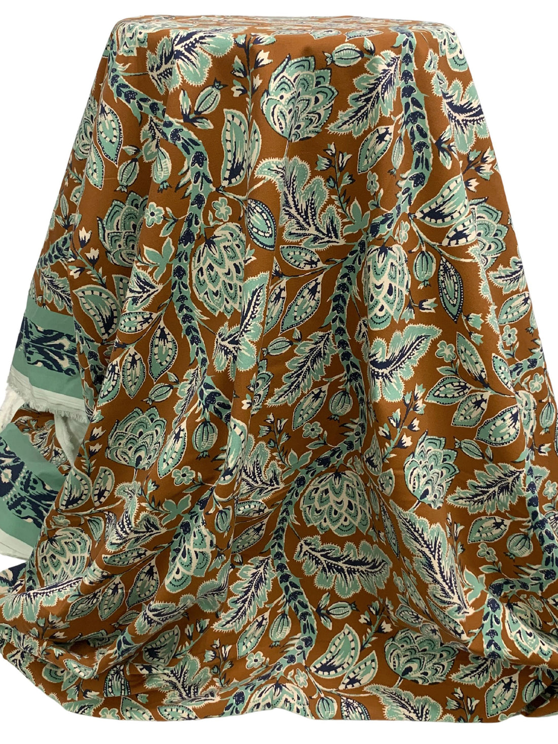 Dark Bronze/Spearmint/Navy Blue/Off-White Rayon/Nylon/Lycra Double Border Stylized Floral Print Stretch Twill Bottom Weight Woven - NY Designer - 54W