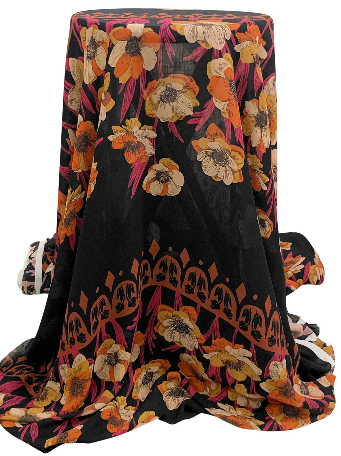 Flame/Black/Soft Ruby/Multi 100% Polyester Horizontal Floral Print Twill Chiffon 50W