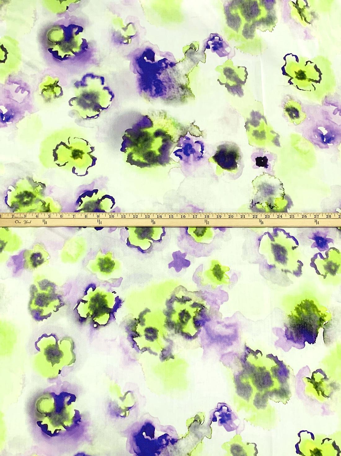Vivid Lime/Egyptian Blue/Multi 100% Rayon Abstract Hazy Floral-Look Print Satin 57W