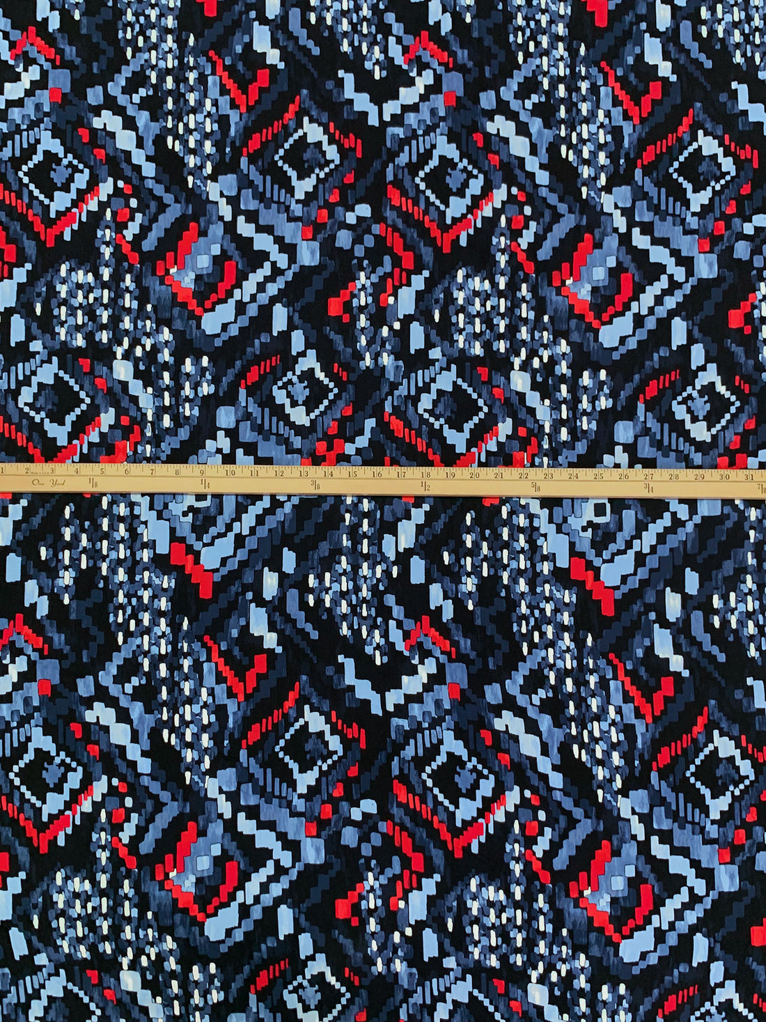 Cerulean Frost/Maximum Red/Black/Multi 100% Rayon Broken Tribal-Look Diamond Print Challis 56W