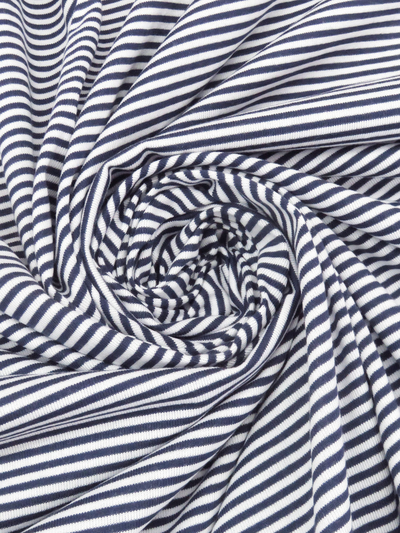 White/Navy Cotton/Polyester Horizontal Stripe Yarn-Dyed Jersey Knit 58W