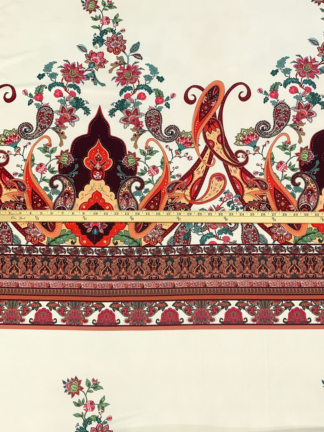 SOLD BY THE PANEL ONLY - Ivory/Vermilion/Black/Multi Polyester/Lycra Ornate Paisley Print Stretch Shirt Weight Woven 57W