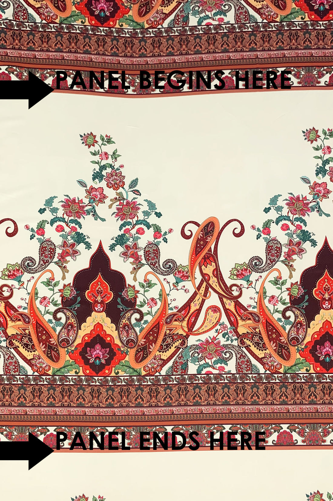 SOLD BY THE PANEL ONLY - Ivory/Vermilion/Black/Multi Polyester/Lycra Ornate Paisley Print Stretch Shirt Weight Woven 57W