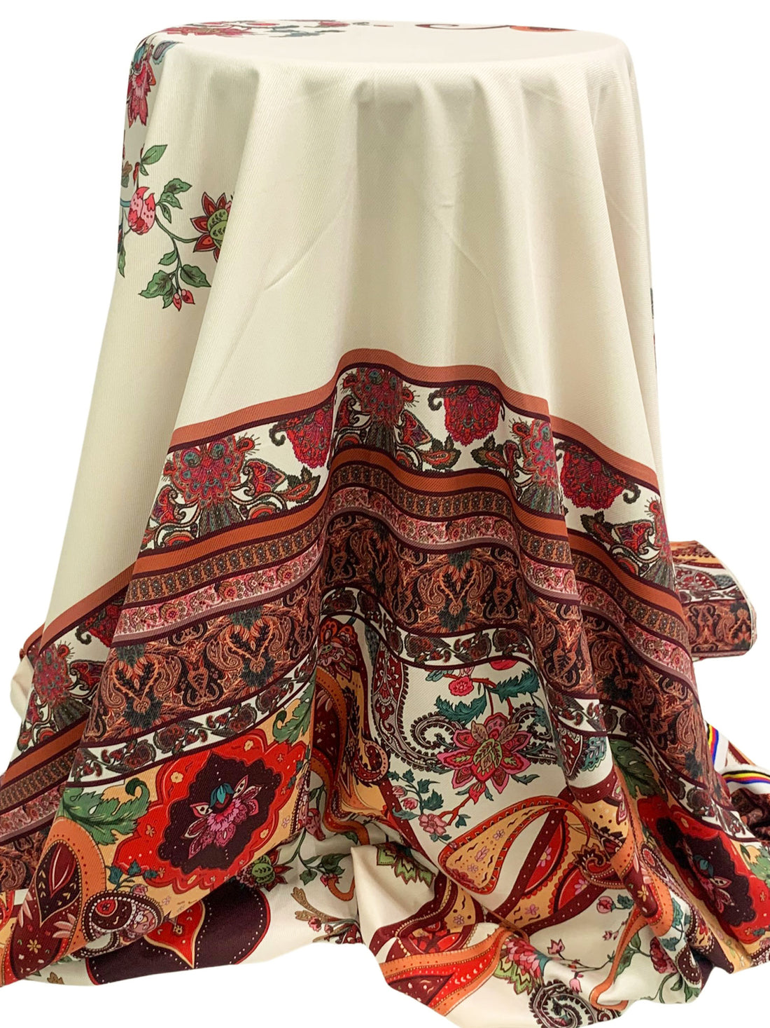 SOLD BY THE PANEL ONLY - Ivory/Vermilion/Black/Multi Polyester/Lycra Ornate Paisley Print Stretch Shirt Weight Woven 57W