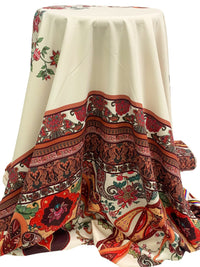 SOLD BY THE PANEL ONLY - Ivory/Vermilion/Black/Multi Polyester/Lycra Ornate Paisley Print Stretch Shirt Weight Woven 57W