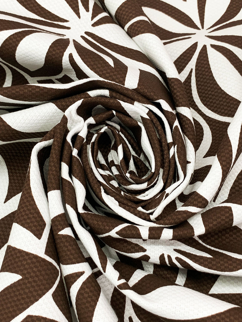 Brown/White Cotton/Polyester Floral Print Pique 60W