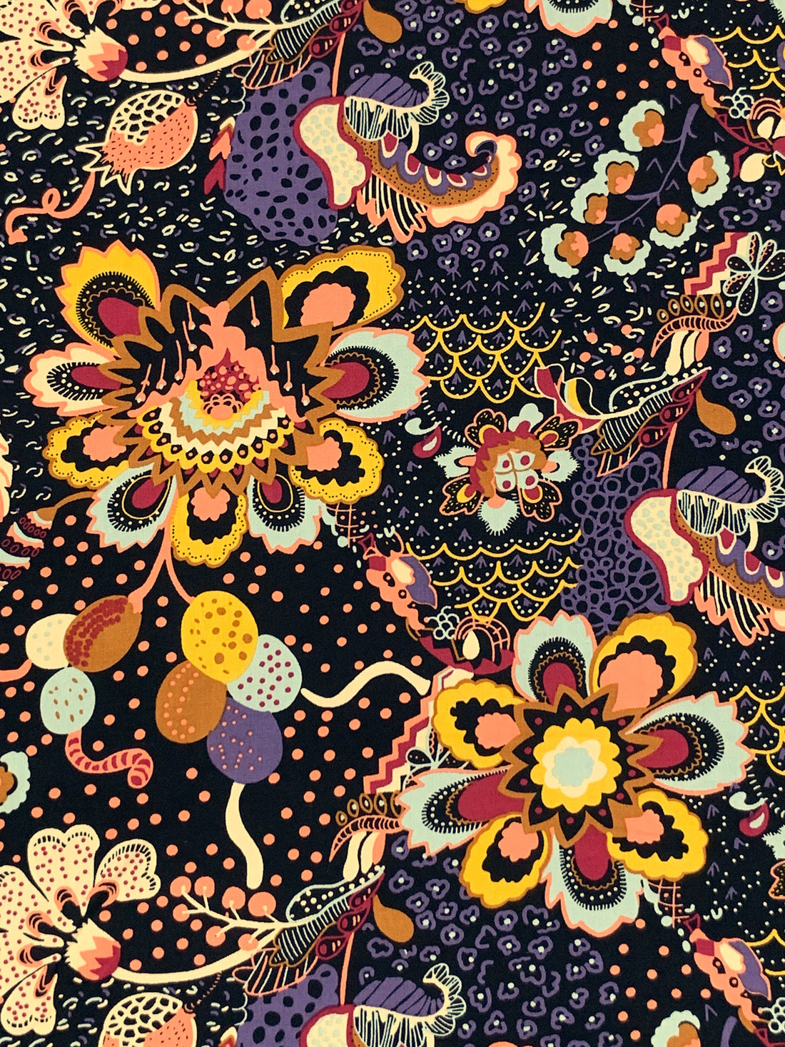 Black/Dark Lavender/Rose Vale/Multi 100% Rayon Stylized Fantasy Floral Print Challis 57W
