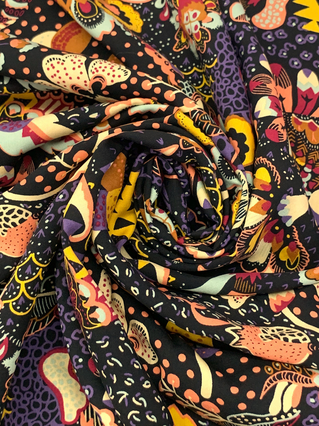 Black/Dark Lavender/Rose Vale/Multi 100% Rayon Stylized Fantasy Floral Print Challis 57W