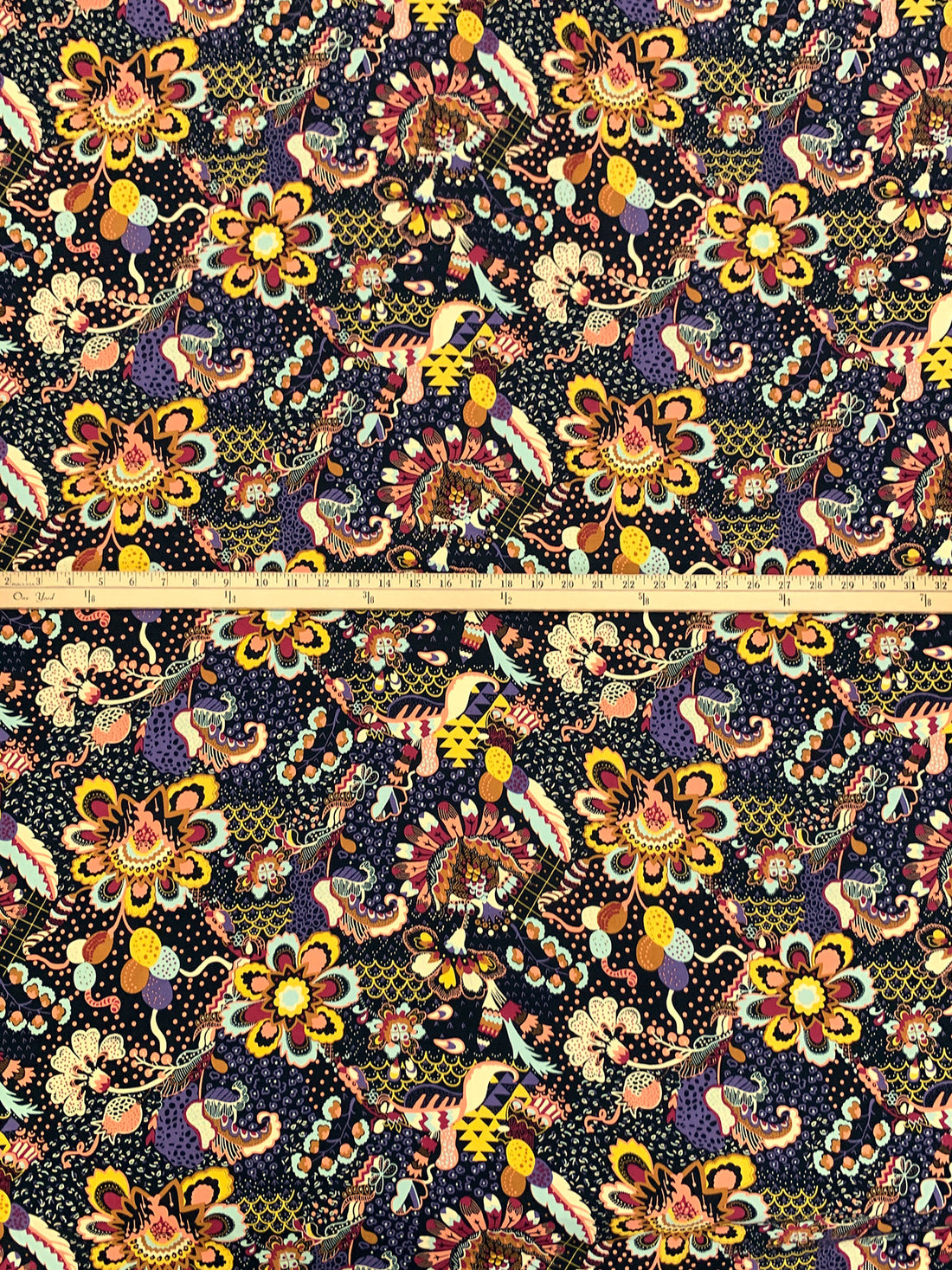 Black/Dark Lavender/Rose Vale/Multi 100% Rayon Stylized Fantasy Floral Print Challis 57W