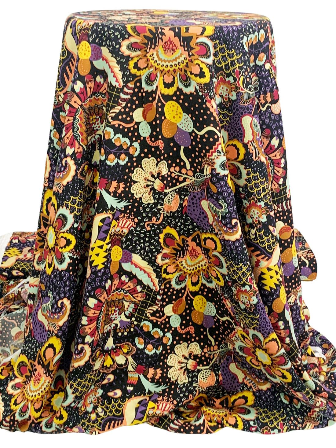 Black/Dark Lavender/Rose Vale/Multi 100% Rayon Stylized Fantasy Floral Print Challis 57W