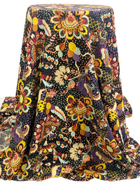 Black/Dark Lavender/Rose Vale/Multi 100% Rayon Stylized Fantasy Floral Print Challis 57W
