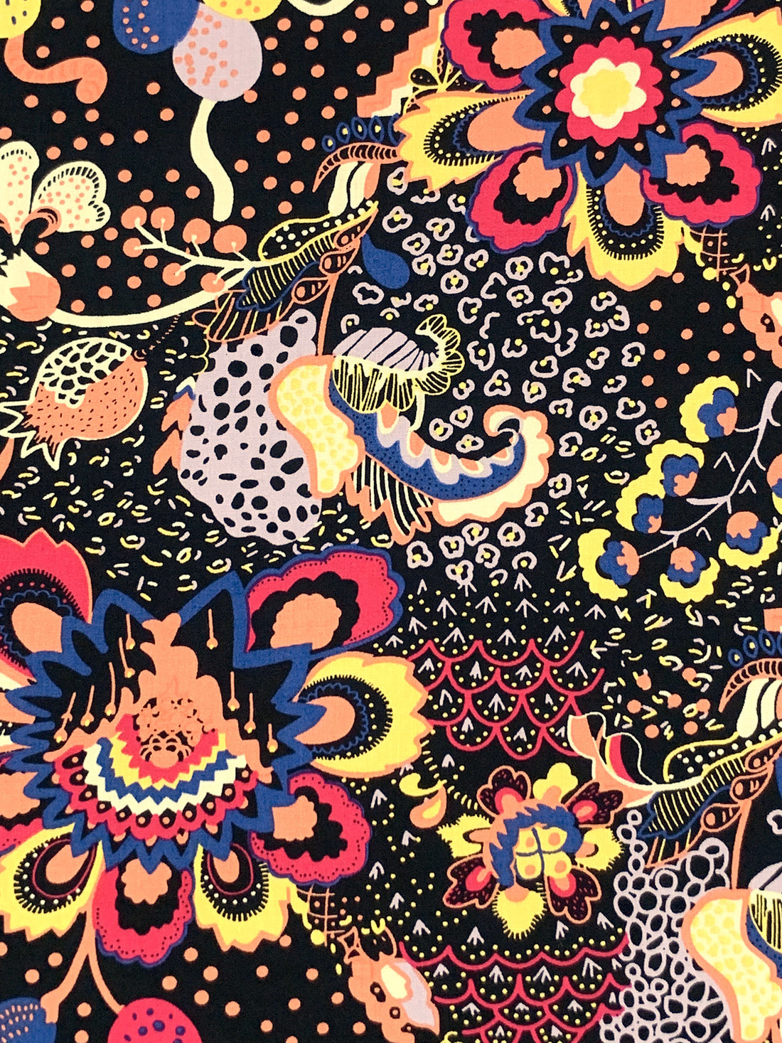 Black/Carmine Pink/Canary/Multi 100% Rayon Stylized Fantasy Floral Print Challis 57W