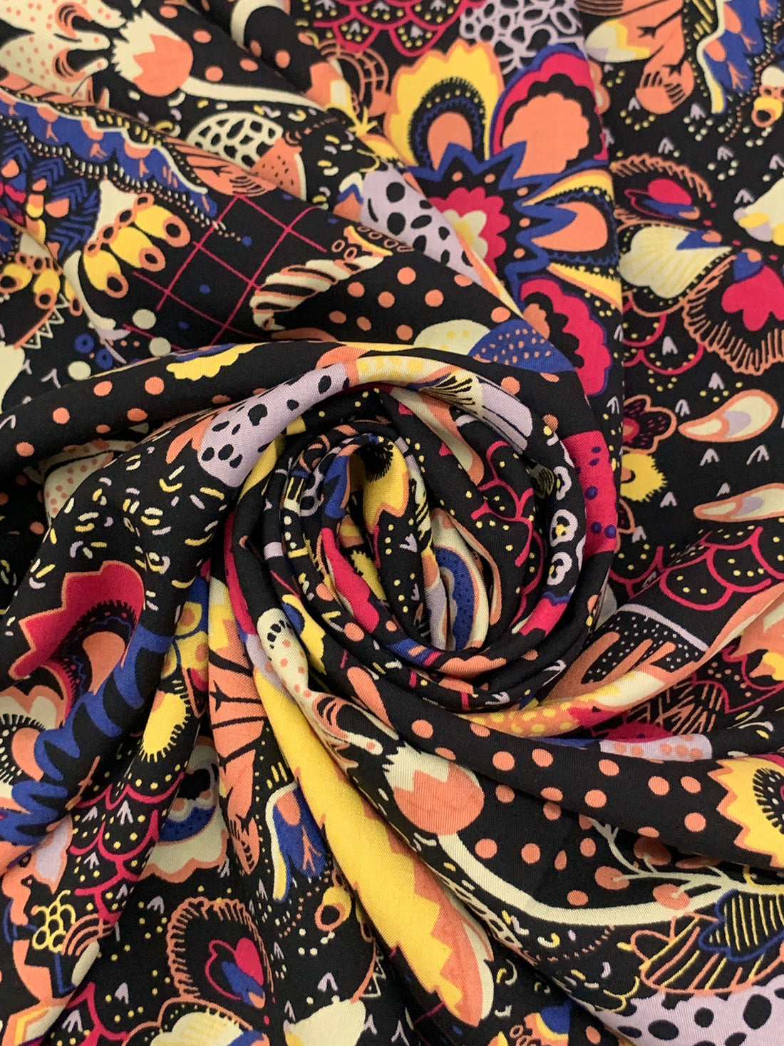 Black/Carmine Pink/Canary/Multi 100% Rayon Stylized Fantasy Floral Print Challis 57W