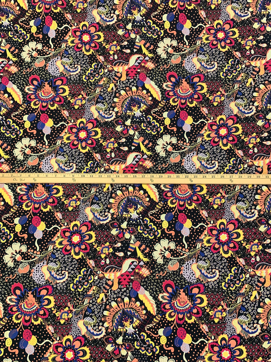 Black/Carmine Pink/Canary/Multi 100% Rayon Stylized Fantasy Floral Print Challis 57W