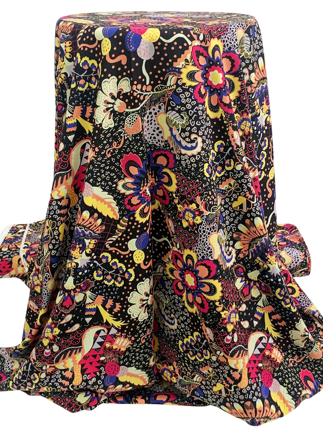 Black/Carmine Pink/Canary/Multi 100% Rayon Stylized Fantasy Floral Print Challis 57W
