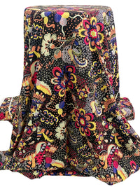 Black/Carmine Pink/Canary/Multi 100% Rayon Stylized Fantasy Floral Print Challis 57W