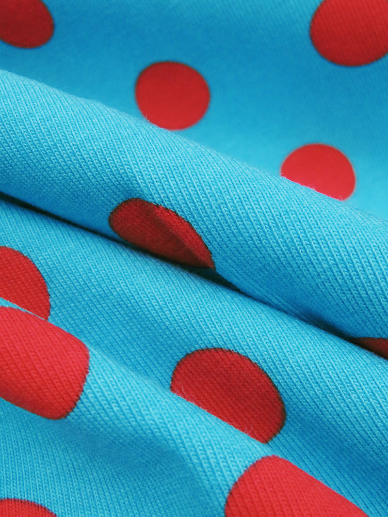 Pacific Blue/Cherry Red Cotton/Lycra Polka Dot Print Jersey Knit 60W