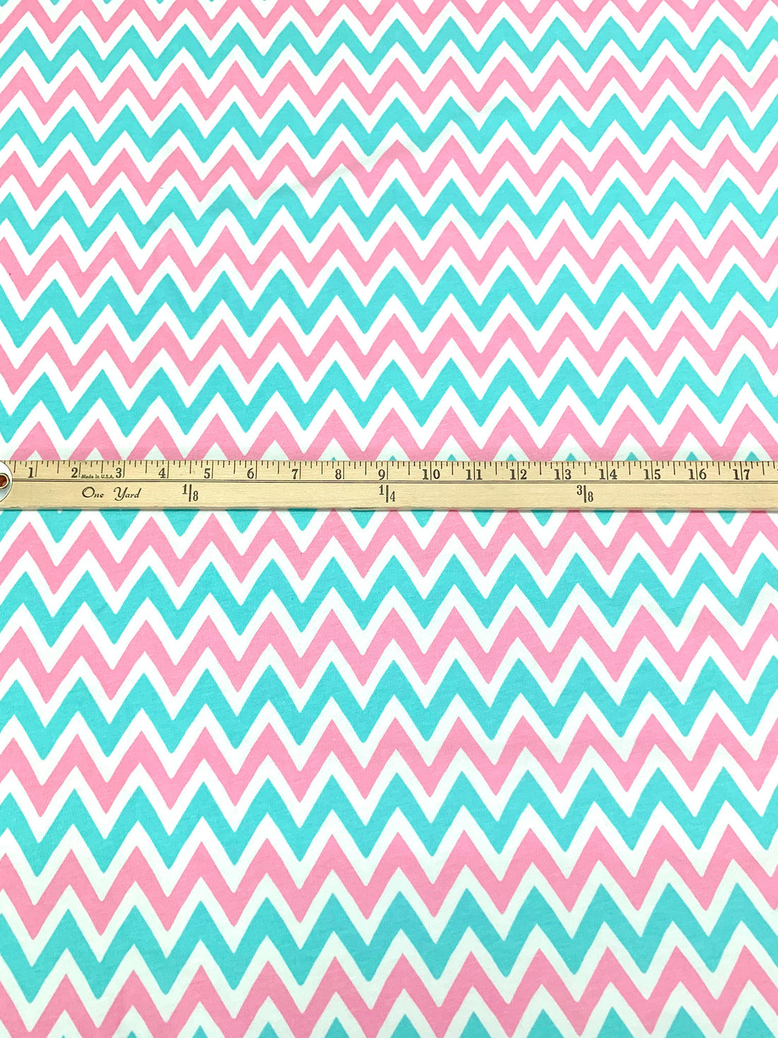 Amaranth Pink/Tiffany Blue/White Cotton/Lycra Chevron Print Jersey Knit 70W