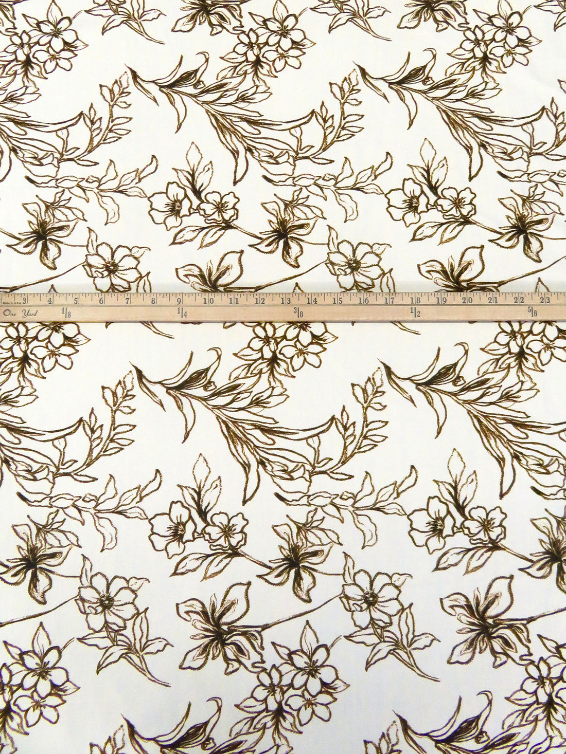 Off-White/Cafe Noir Brown 100% Rayon Drawn Floral Print Challis 59W