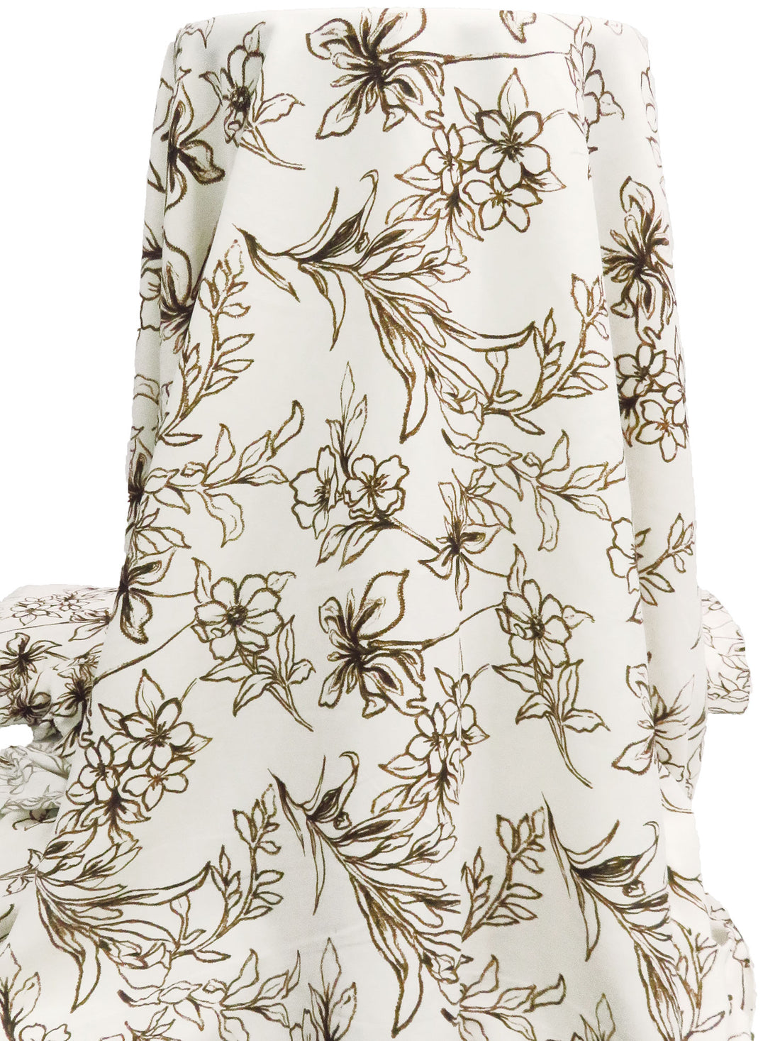 Off-White/Cafe Noir Brown 100% Rayon Drawn Floral Print Challis 59W