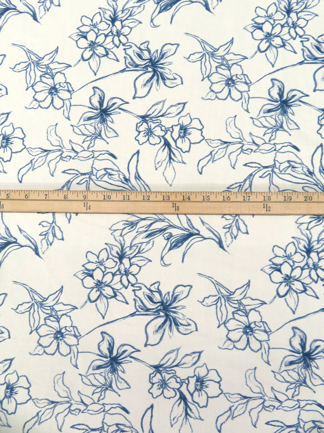 Off-White/Queen Blue 100% Rayon Drawn Floral Print Challis 58W