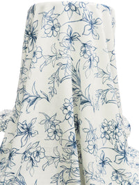 Off-White/Queen Blue 100% Rayon Drawn Floral Print Challis 58W