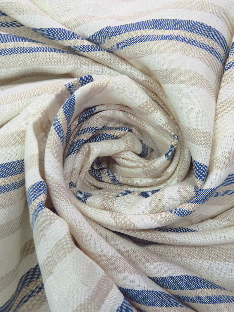 Off-White/Muted Dark Navy/Dark Vanilla Rayon/Linen Horizontal Stripe Weave Shirt Weight Woven - NY Designer - 56W