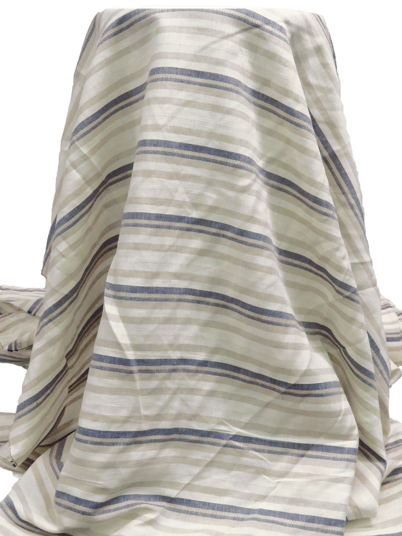 Off-White/Muted Dark Navy/Dark Vanilla Rayon/Linen Horizontal Stripe Weave Shirt Weight Woven - NY Designer - 56W