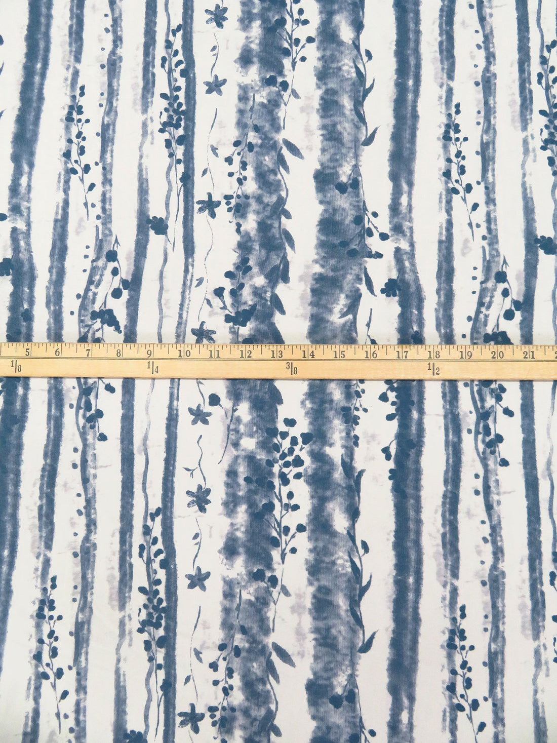 Off-White/Queen Blue 100% Rayon Floral Grunge Vertical Stripe Print Challis 58W