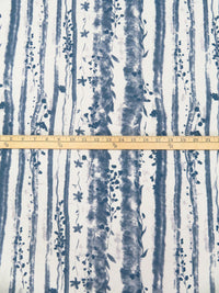 Off-White/Queen Blue 100% Rayon Floral Grunge Vertical Stripe Print Challis 58W
