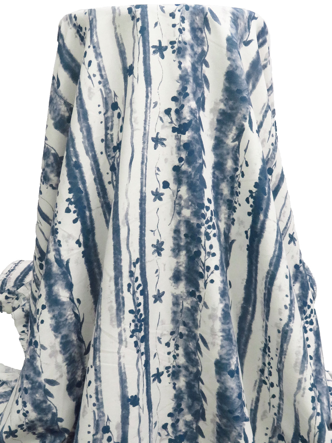 Off-White/Queen Blue 100% Rayon Floral Grunge Vertical Stripe Print Challis 58W