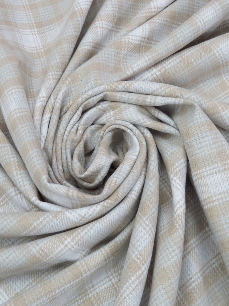 Soft Latte/White/Pale Powder Blue 100% Cotton Plaid Flannel Suiting - NY Designer - 56W