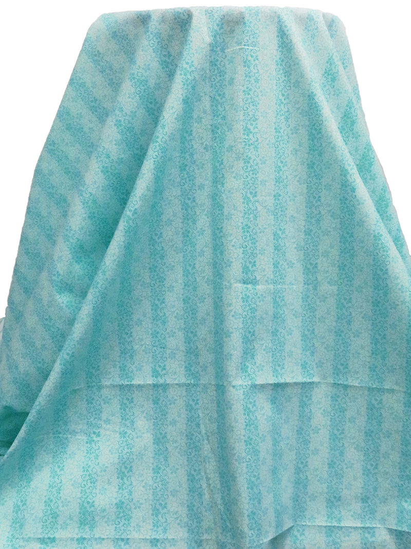 Pale Robins Egg Blue/Mid Aqua Polyester/Cotton Floral Vertical Stripe Print Broadcloth 60W