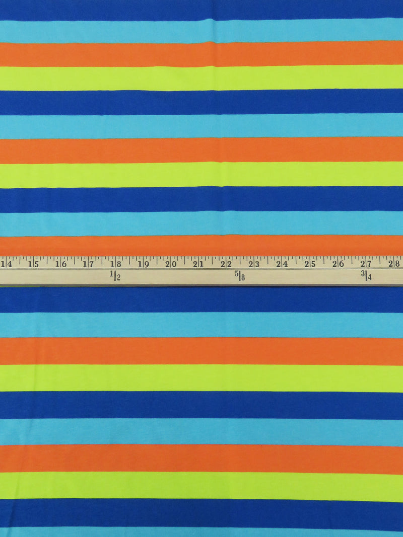 Cobalt/Lime/Carrot Orange/Sky Blue Cotton/Lycra Horizontal Stripe Print Jersey Knit 60W