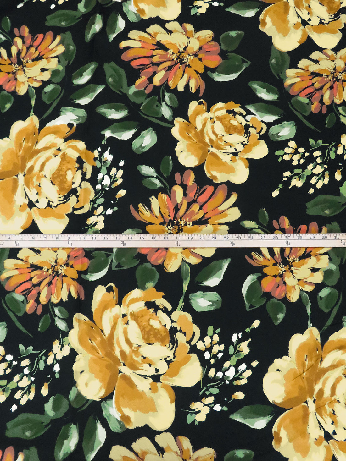 Dark Green/Black/Dark Goldenrod/Multi 100% Polyester Large Painterly Floral Print Mikado Satin 58W