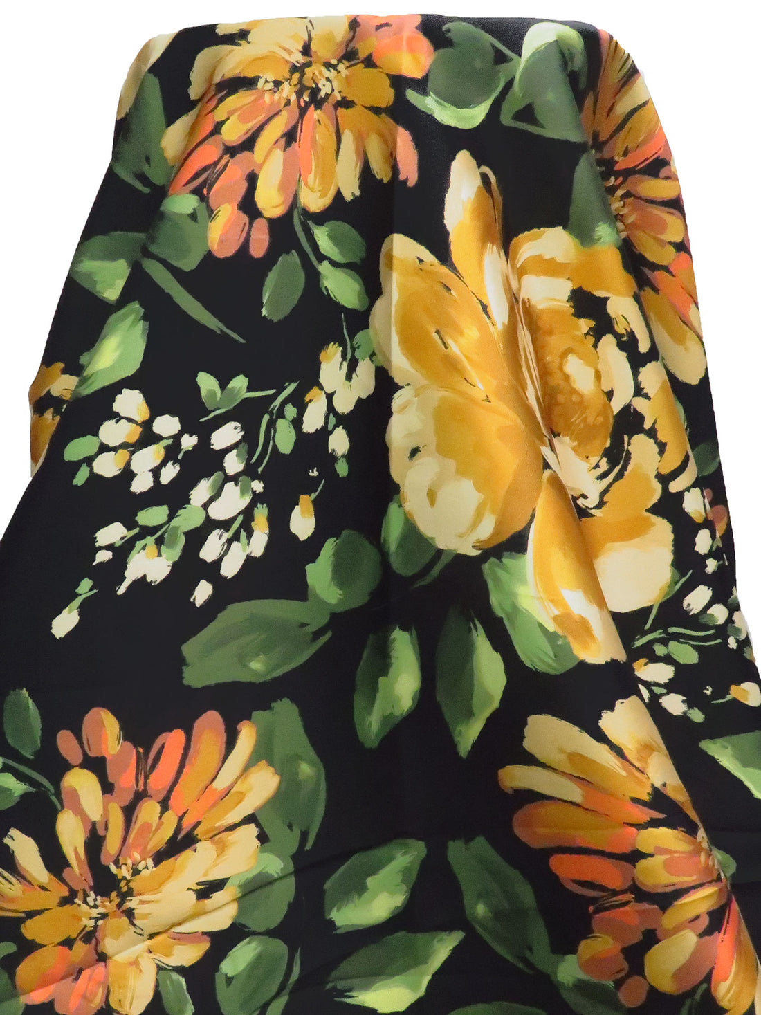 Dark Green/Black/Dark Goldenrod/Multi 100% Polyester Large Painterly Floral Print Mikado Satin 58W