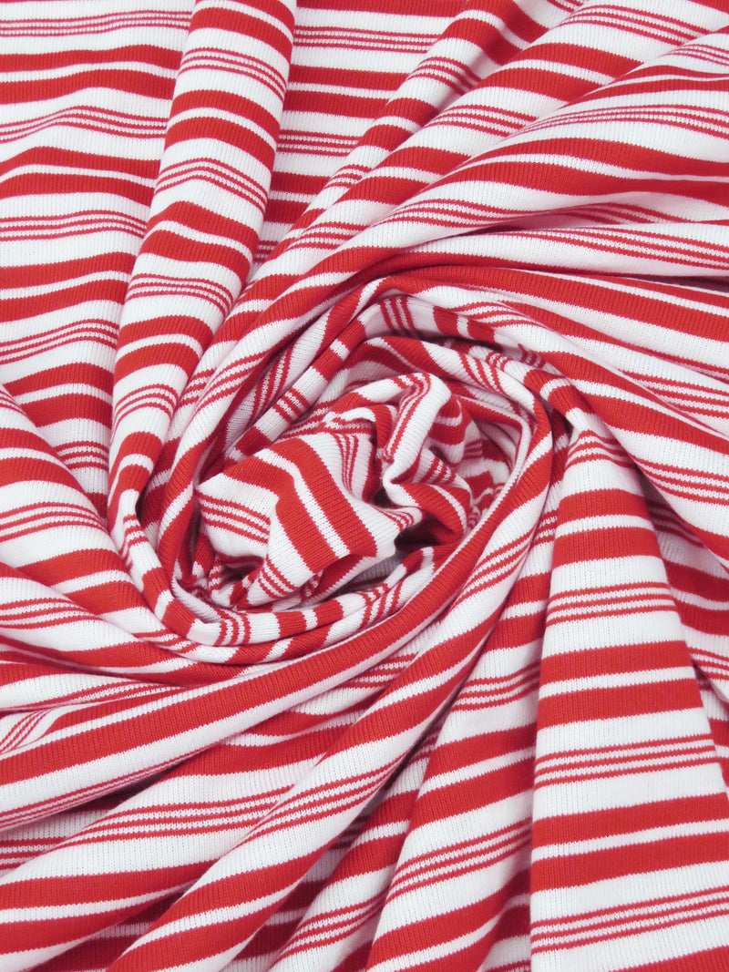 Candy Red/White Cotton/Polyester Horizontal Multi Stripe Weave Jersey Knit 58W