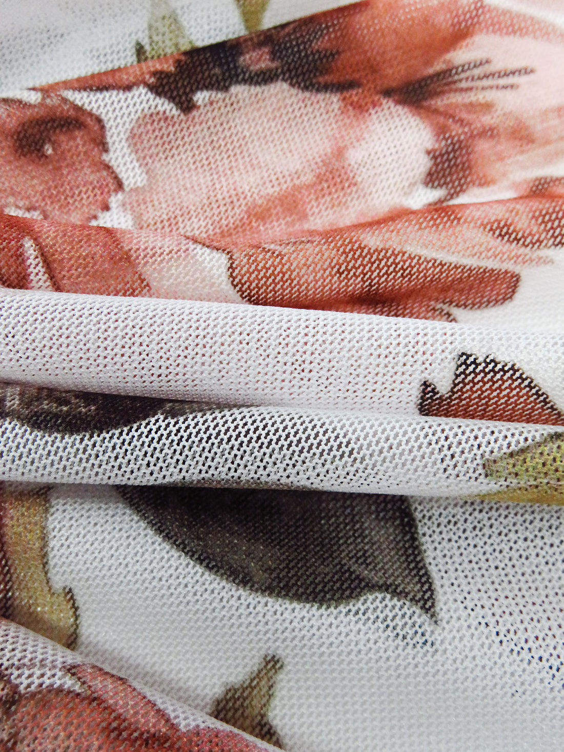 White/Peachy Pink/Olive/Multi Nylon/Lycra Large Floral Print Mesh Knit - NY Designer - 54W