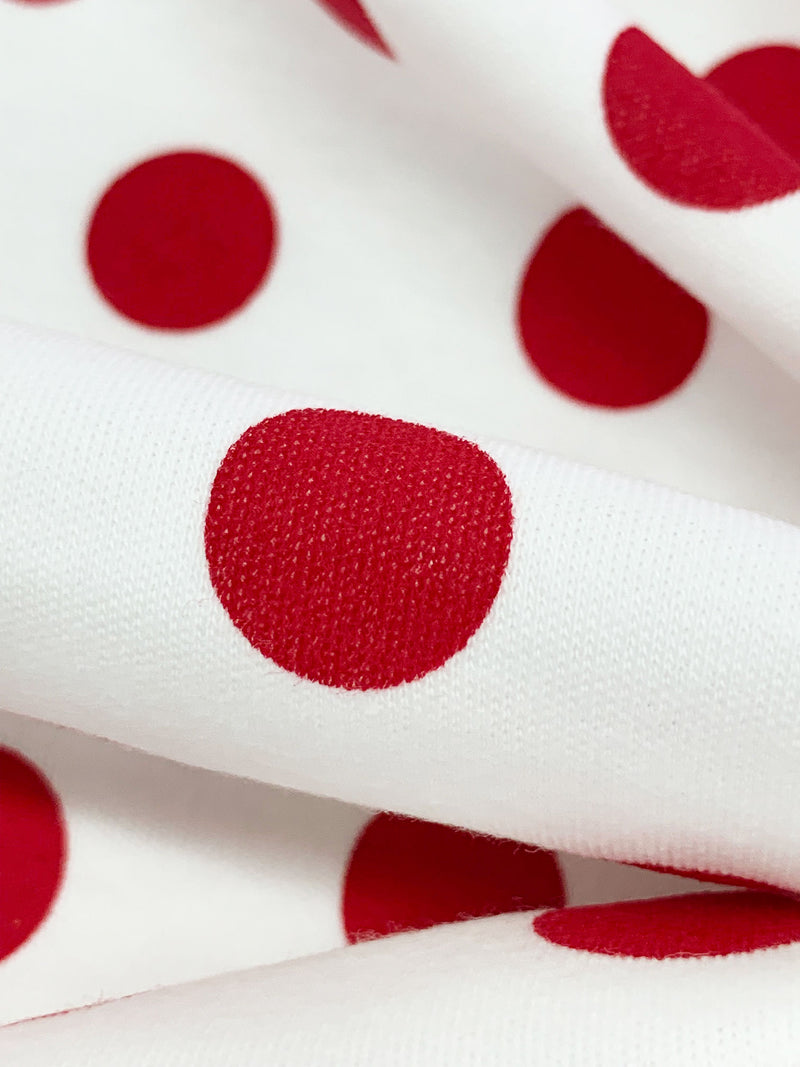 White/Crimson Red 100% Cotton Polka Dot Print Interlock Knit 58W