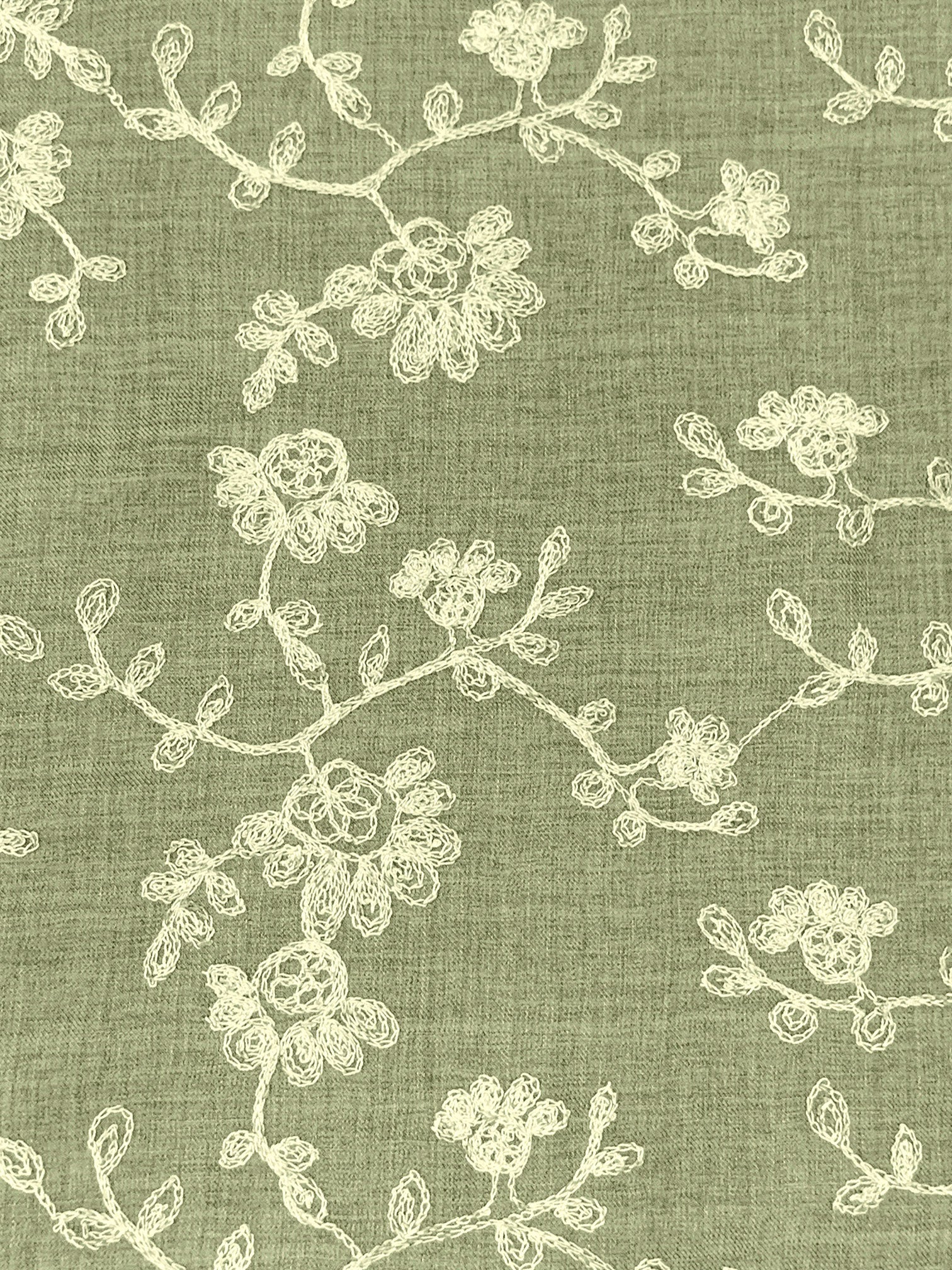 Muted Moss Green/Pale Cream 100% Polyester Embroidered Floral
