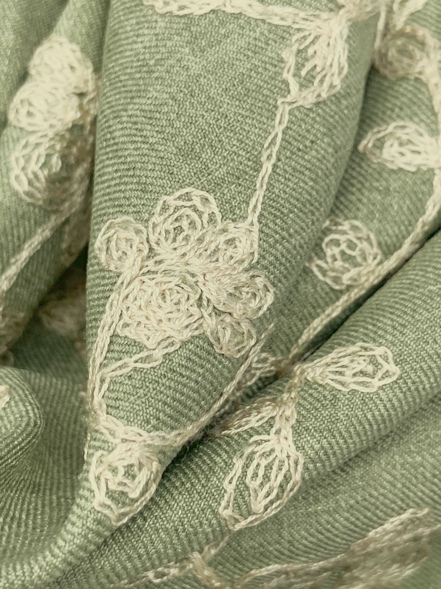 Muted Moss Green/Pale Cream 100% Polyester Embroidered Floral