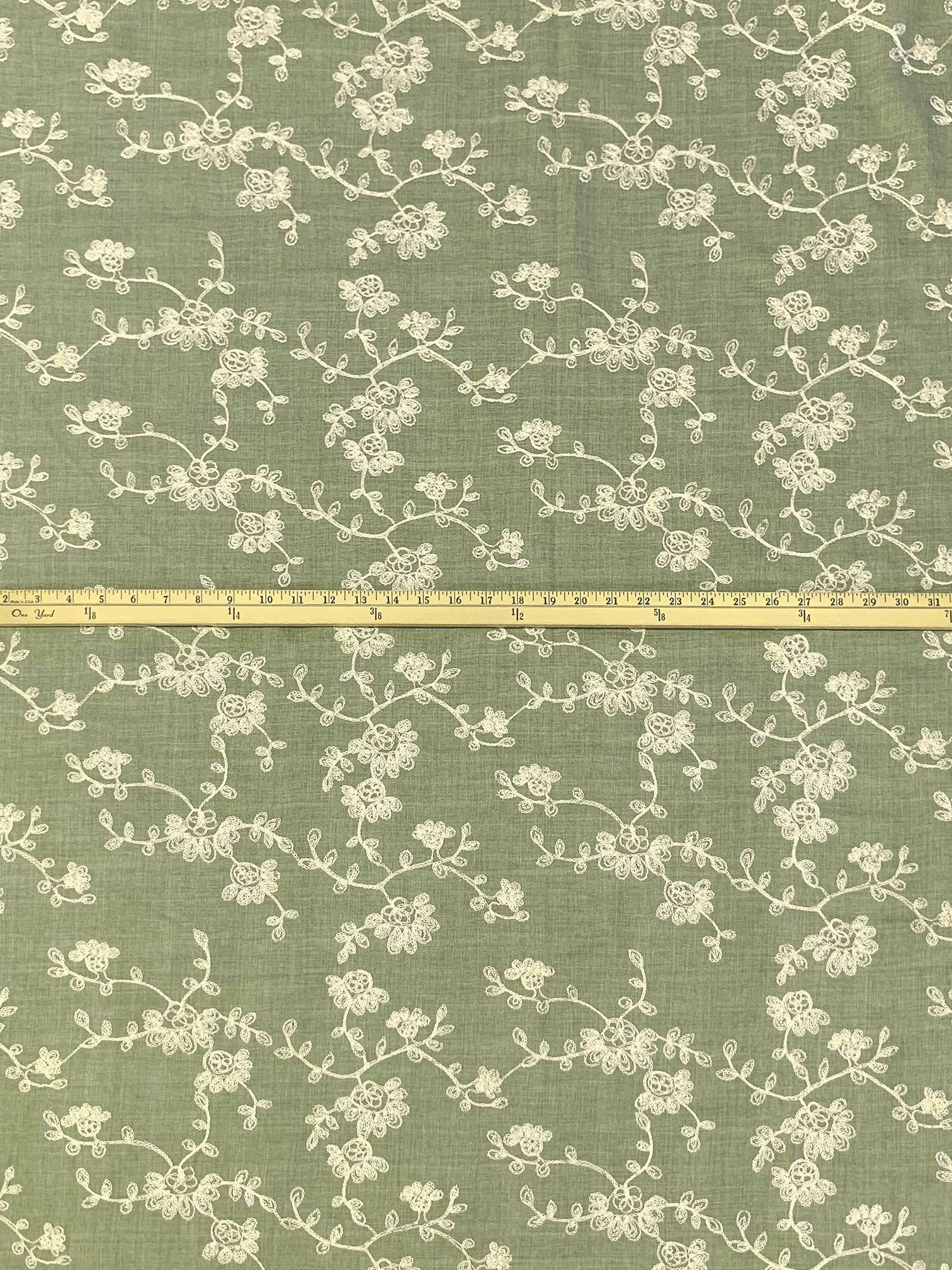 Muted Moss Green/Pale Cream 100% Polyester Embroidered Floral