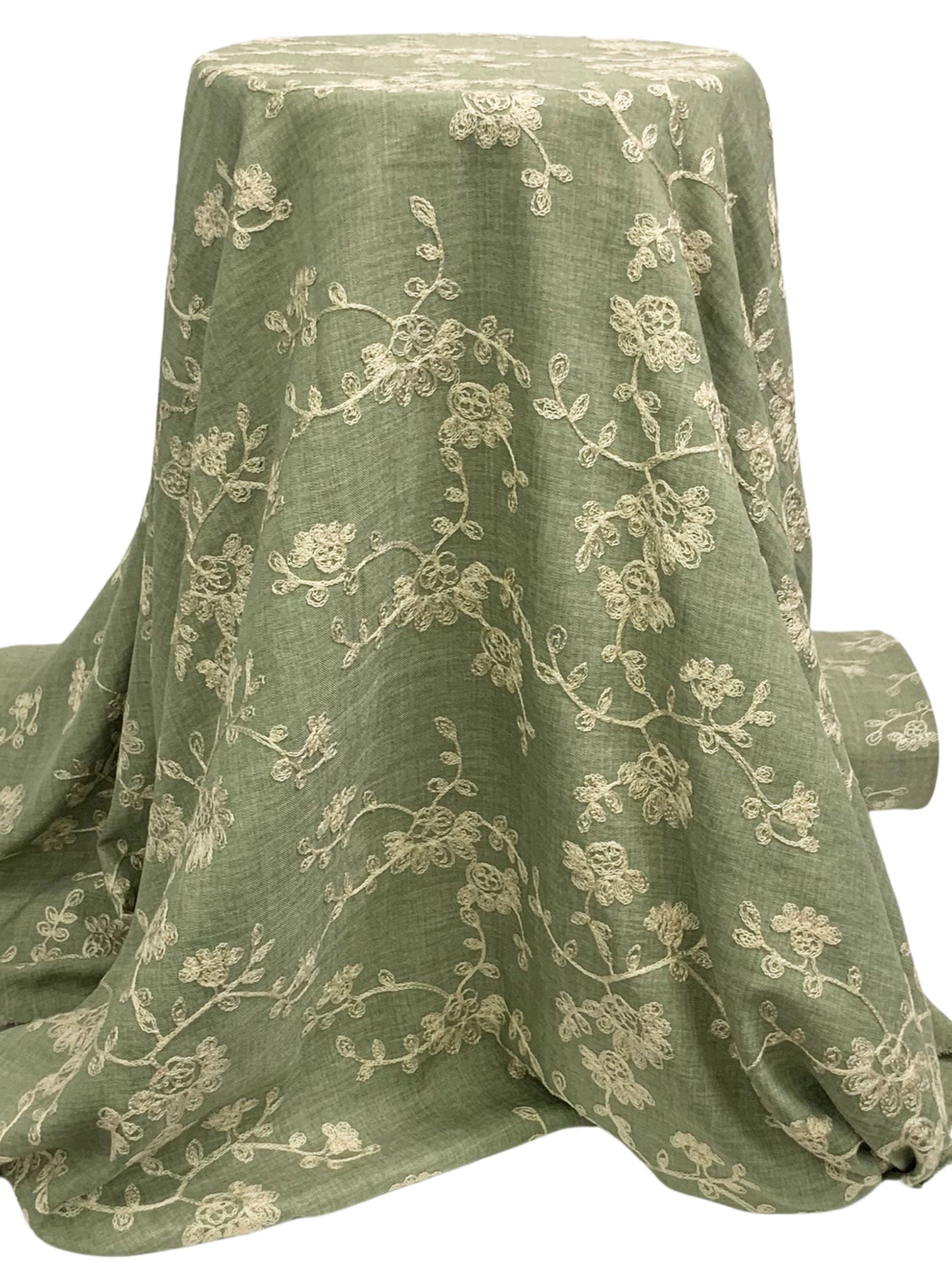 Muted Moss Green/Pale Cream 100% Polyester Embroidered Floral