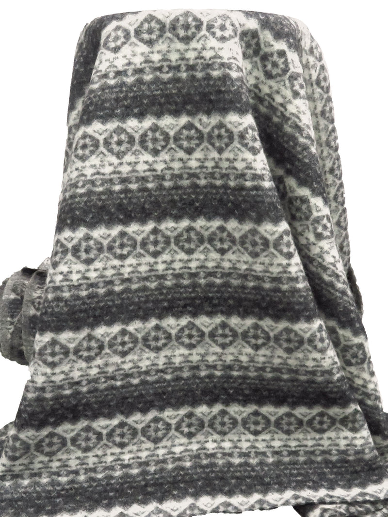 Charcoal/Off-White 100% Wool Horizontal Fair Isle Stripe Weave Heavy Sweater Knit 50W