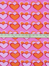 Raspberry Pink/Salamander Orange/Burgundy/Multi 100% Cotton Overlapping Hearts Print Interlock Knit 56W